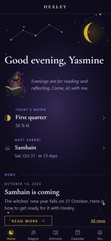 Hexley's home screen: a greeting from Hexley the toad, today's moon phase and the next sabbat